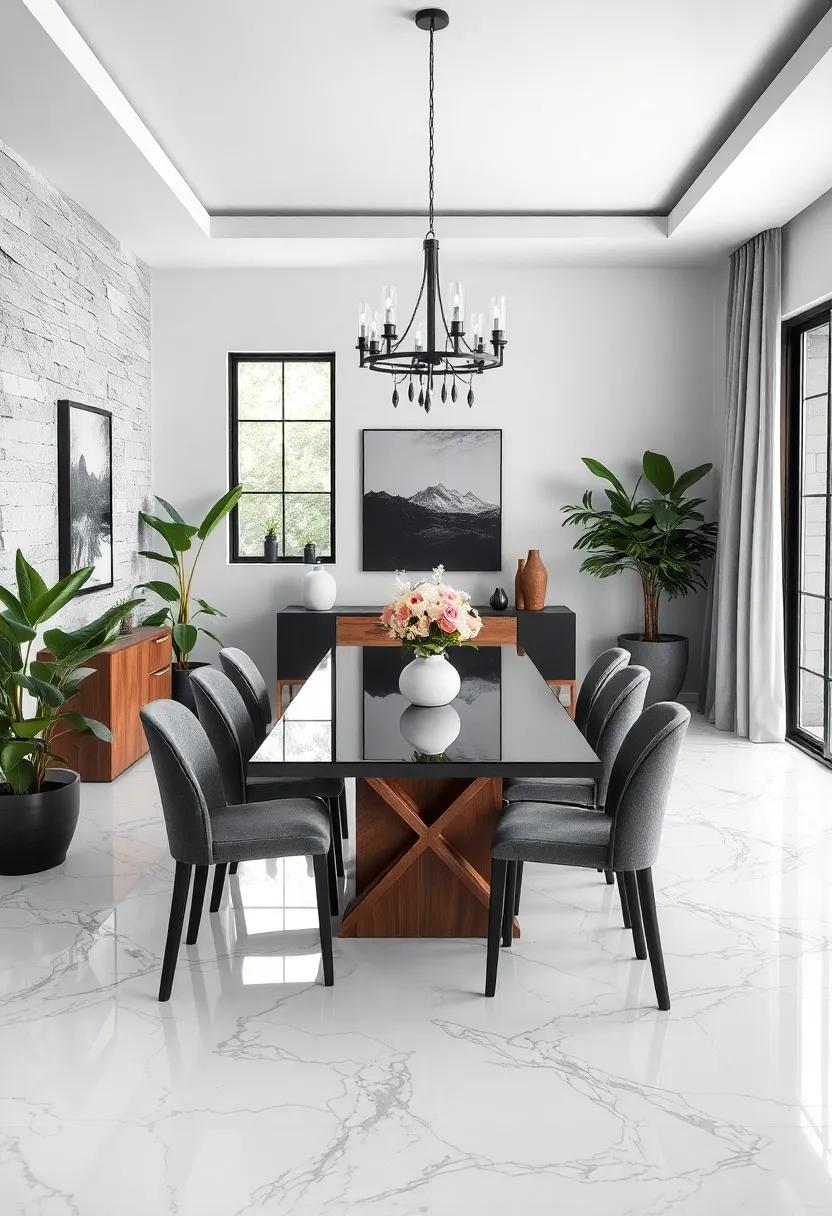 Dramatic Black and White Dining Room Showcasing High Gloss Surfaces Paired with Rustic Wood Accents and Greenery