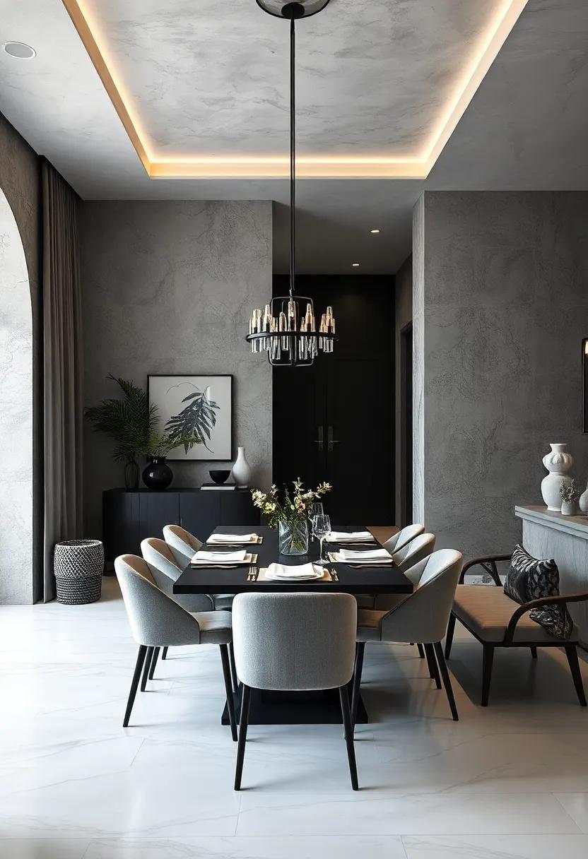 Graceful Monochrome Dining Area with Soft Textiles and Layered Lighting Creating an Intimate Ambiance