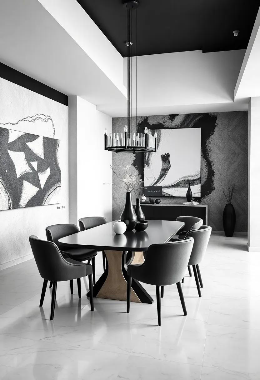 Artistic Black and White Dining Space Incorporating Bold Abstract Wall Murals and Sculptural Centerpieces