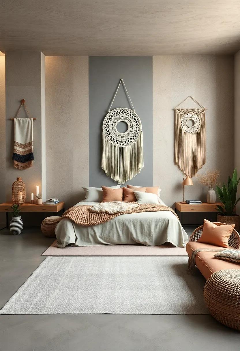 Serene Color Blocking Between Macrame Wall Pieces and Muted Textile Backdrops in Bohemian Rooms