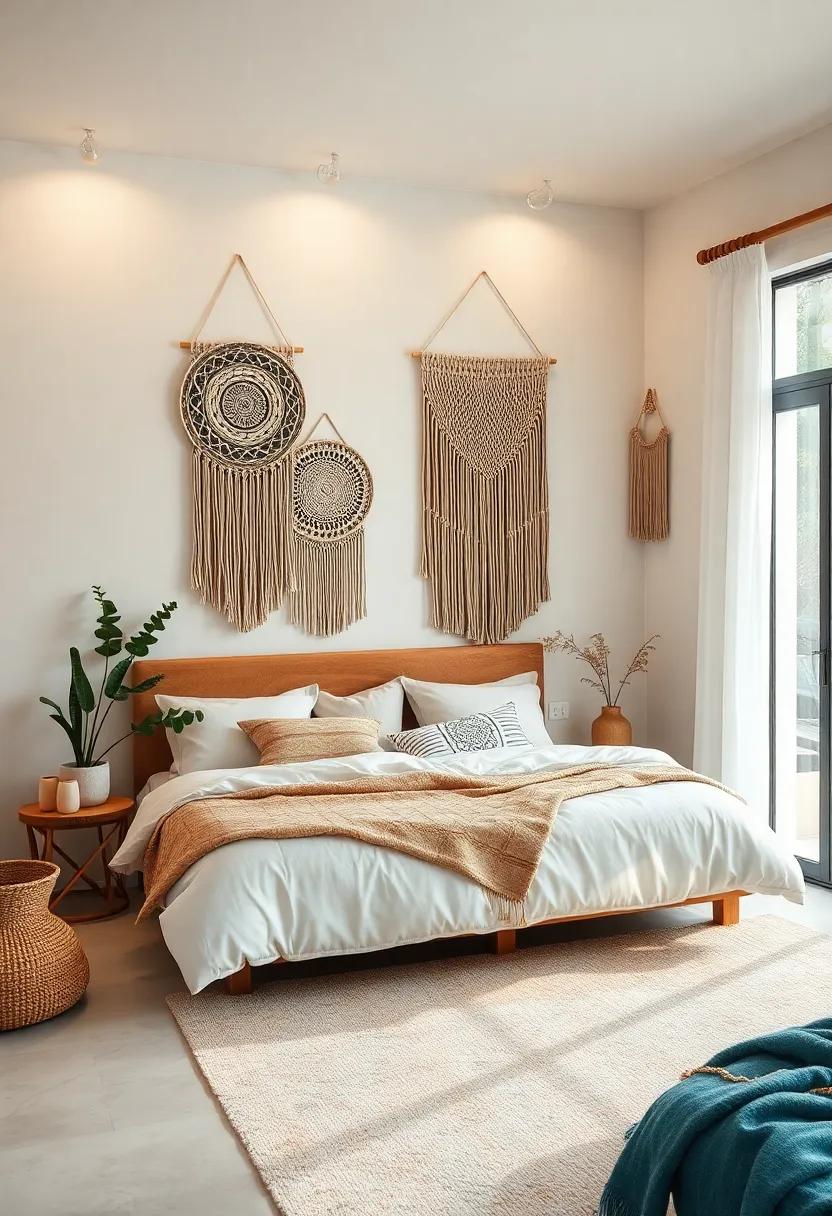Serene Boho Bedroom Corners Featuring Earthy Macrame Art Accents and Soft Ambient Lighting