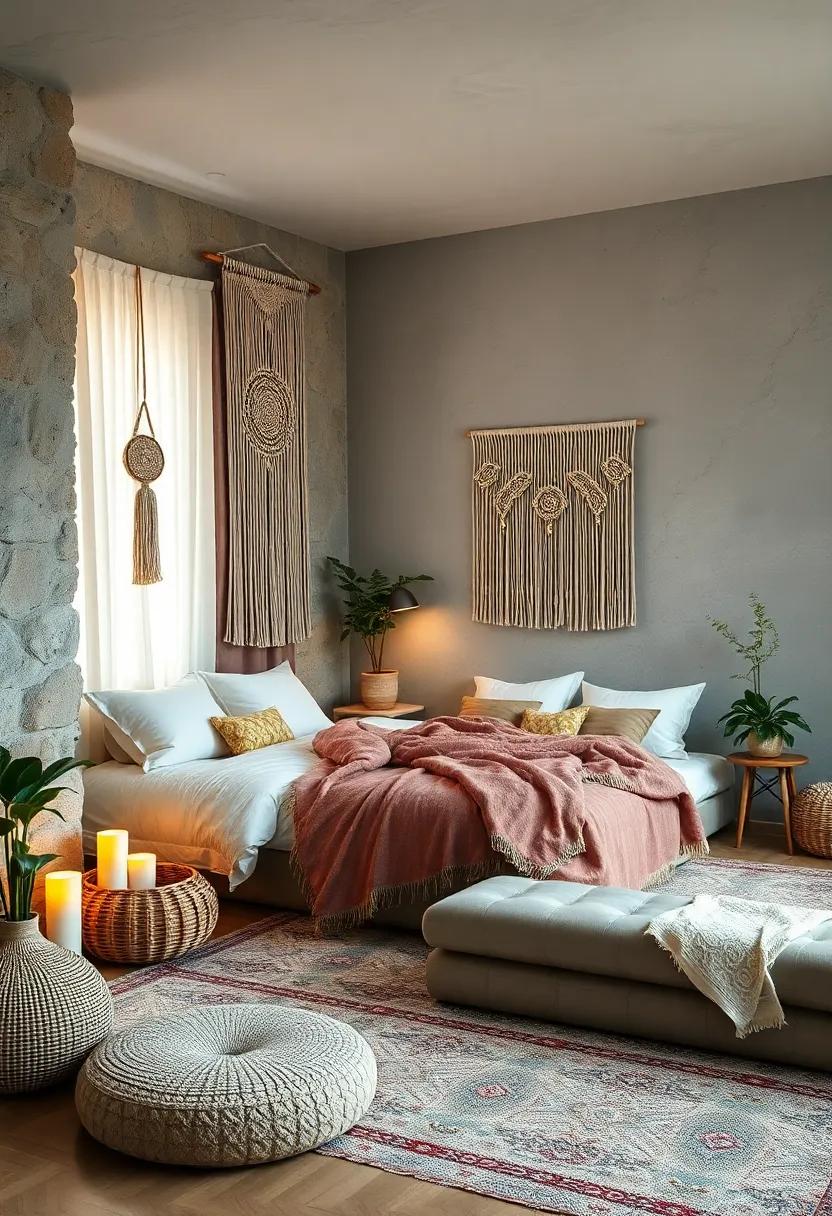 Meditative Spaces Uniting Cozy Macrame Wall Art with Soft Rugs and Ambient Candlelight