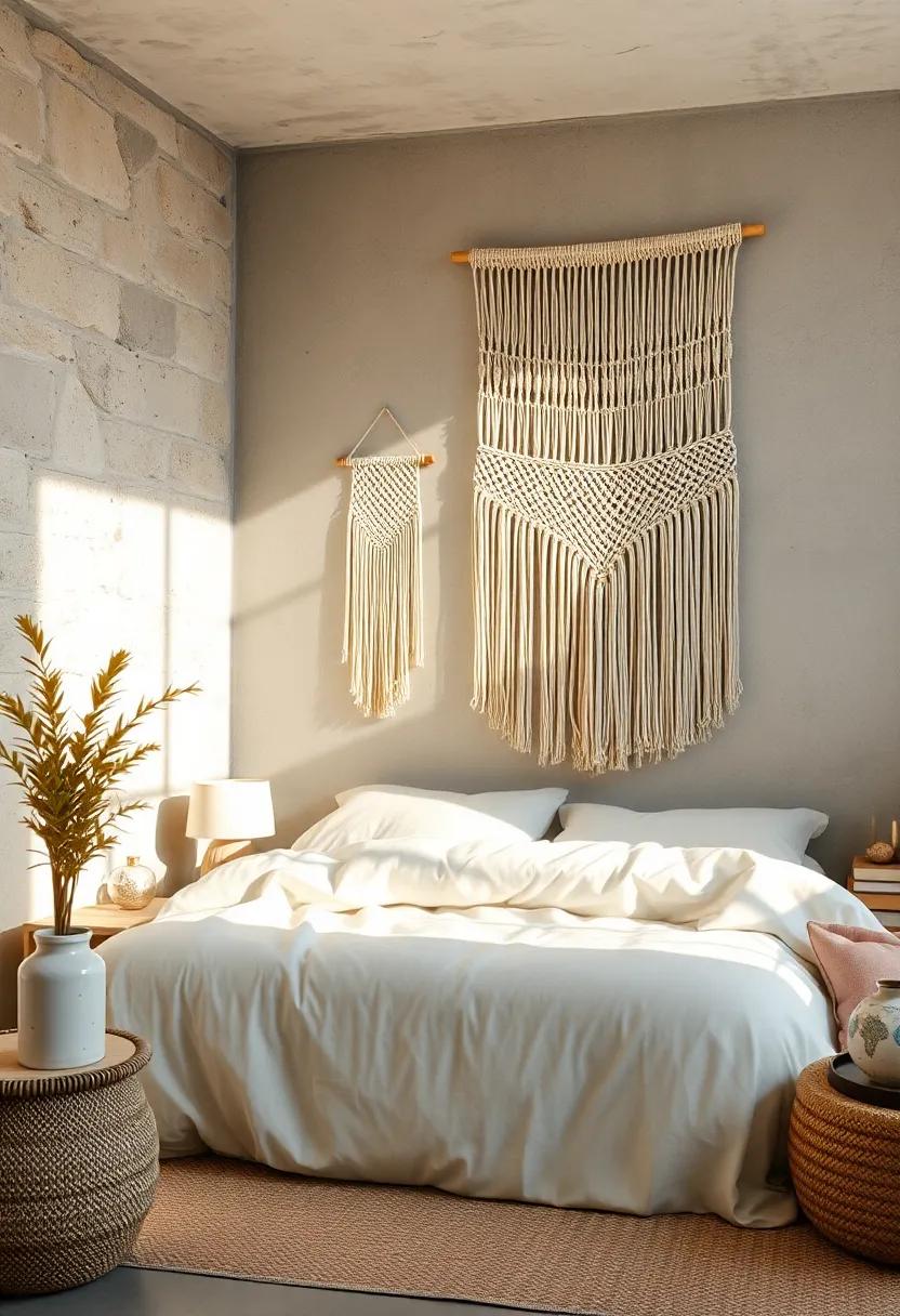 Sunlit Bohemian Bedroom Walls Showcasing Airy Macrame Creations Draped Over Organic Textures