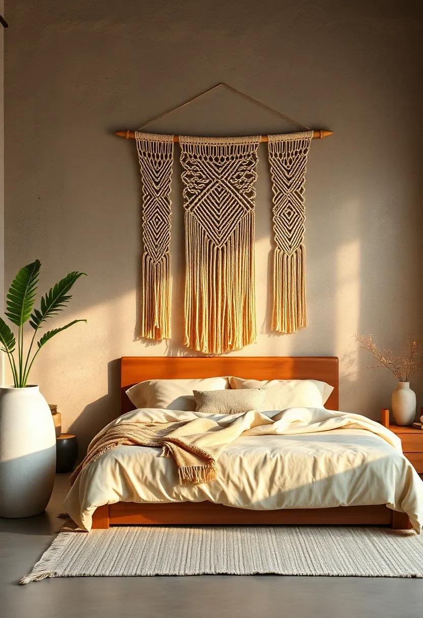 Peaceful Morning Light Casting Shadows Over Detailed Macrame Wall Designs and Linen Bedding