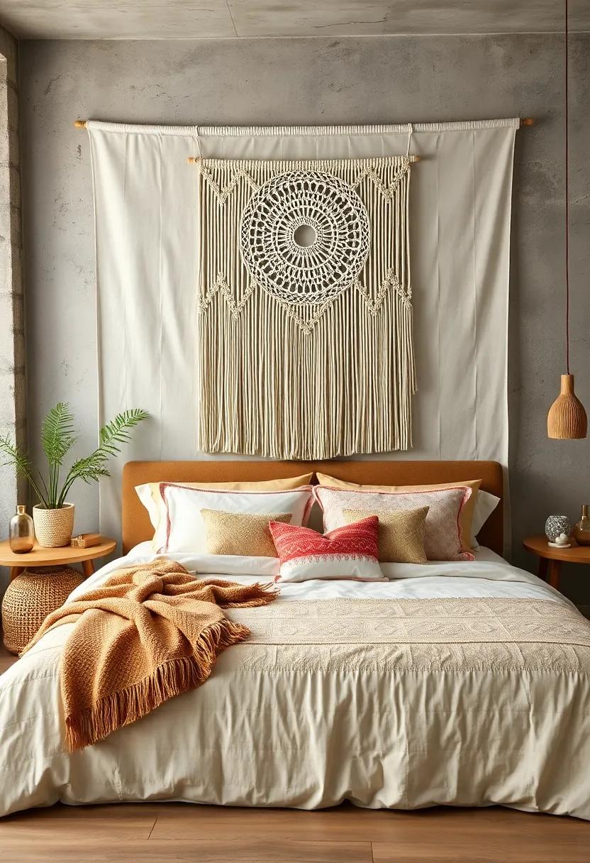Layered Bohemian Bed Backdrops With Oversized Macrame Wall Art and Cozy Throw Pillows