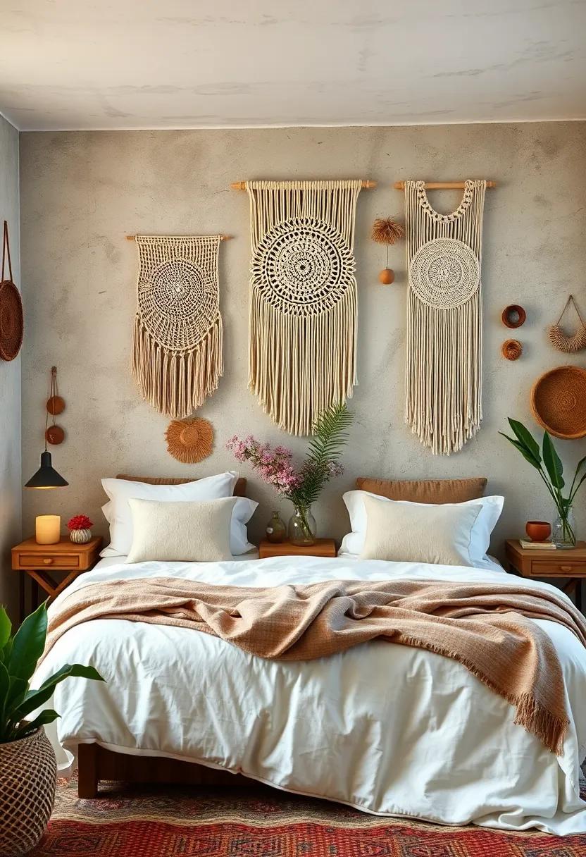 Cozy Bohemian Beds Surrounded By Macrame Wall Art and Eclectic Handmade Decor Collections