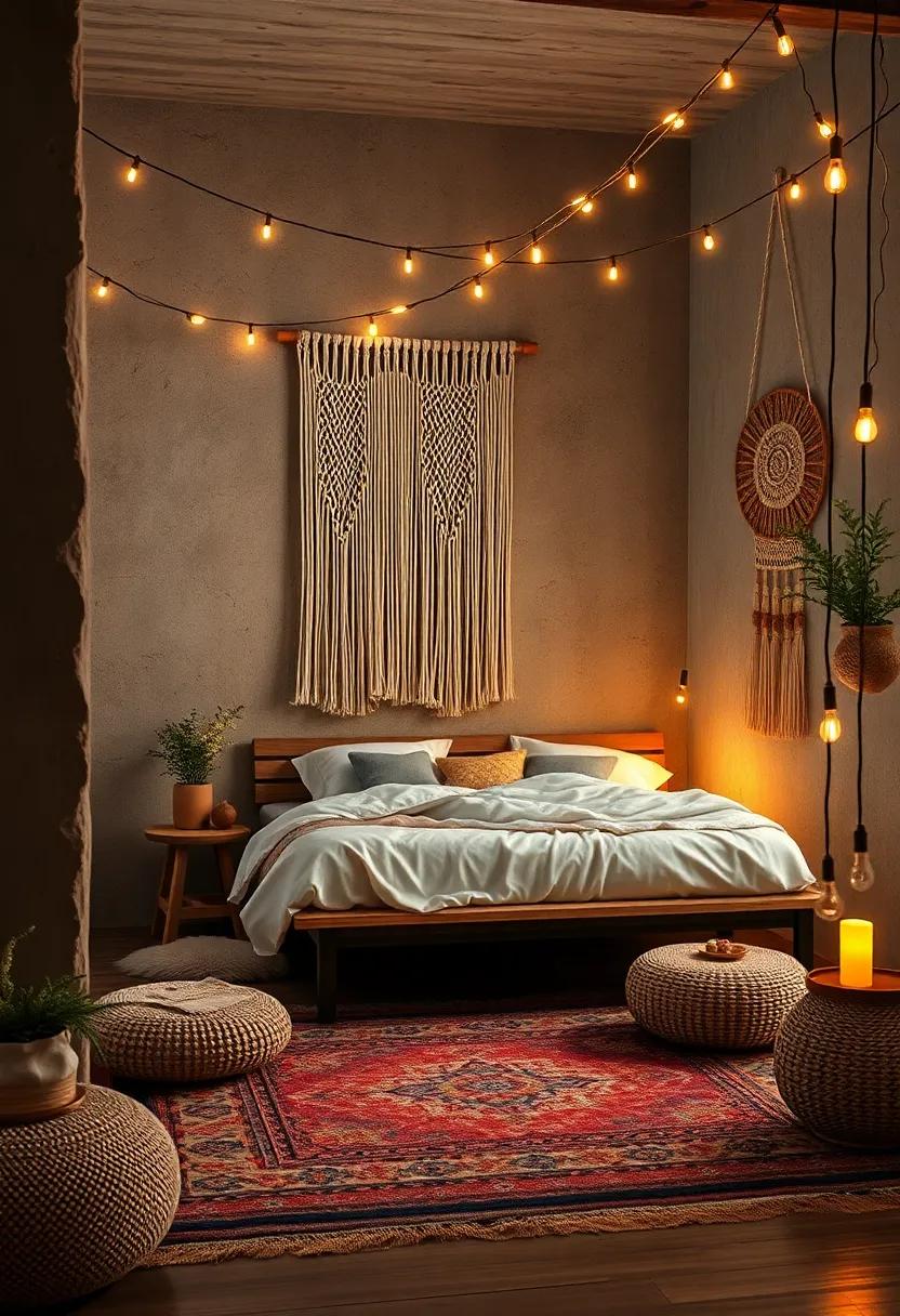 Intimate Bedroom Moments Framed by Soft Macrame Textures and Warm String Light Installations