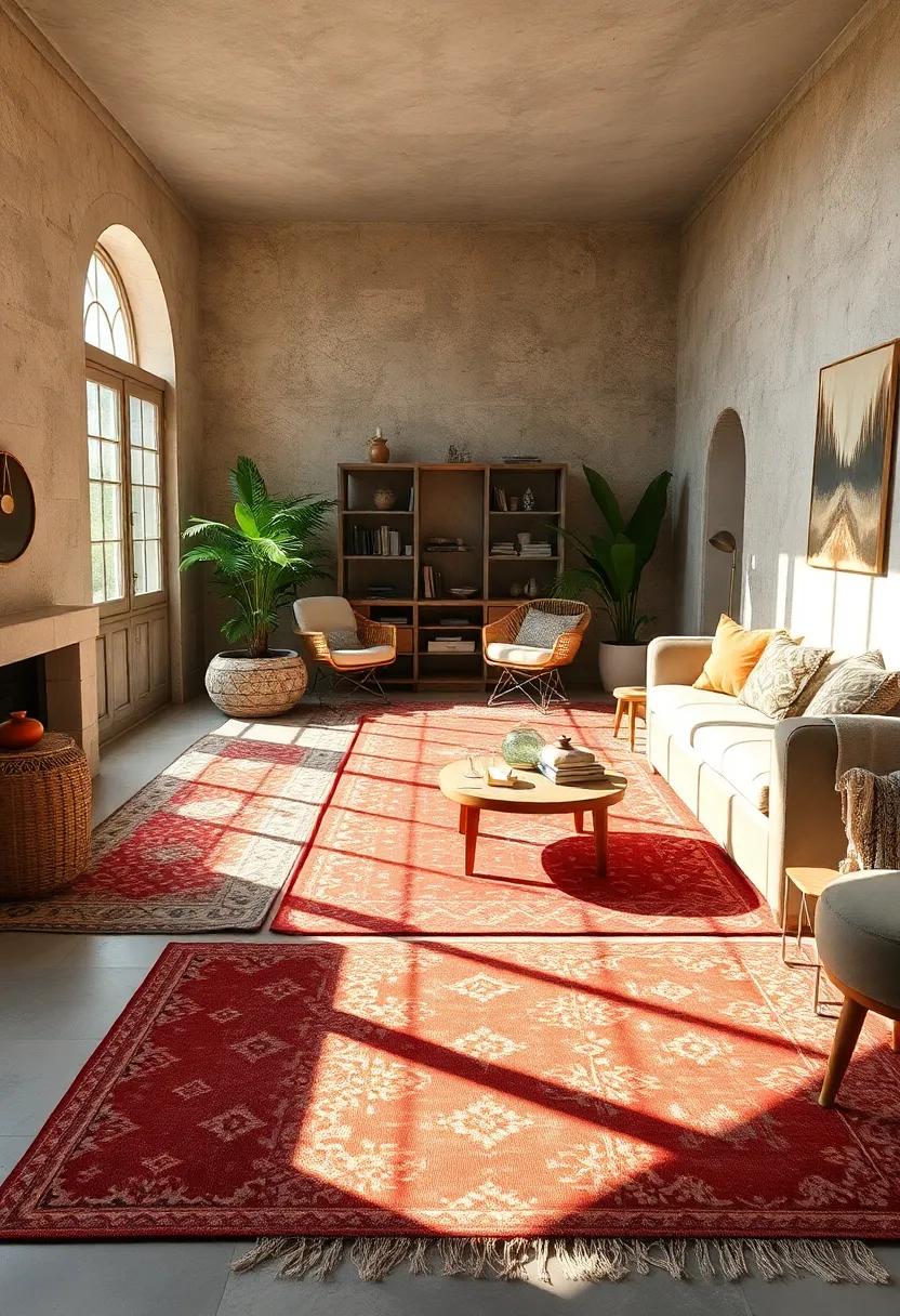 Sunlight Streaming Over Distressed Vintage Rugs Casting Warm Patterns Across Floors