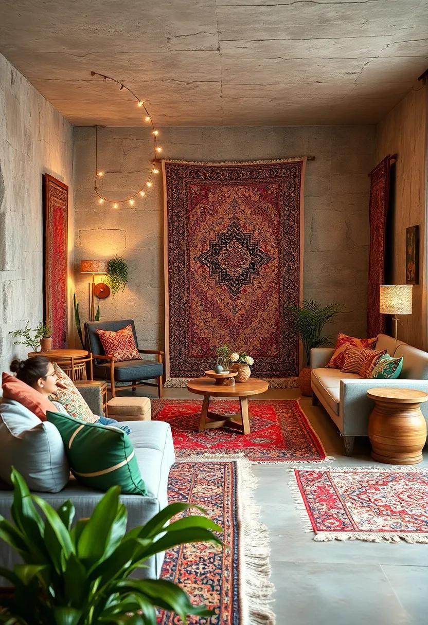 Soft Ambient Lighting Complementing the Rich Textures of Vintage Rugs in Cozy Corners