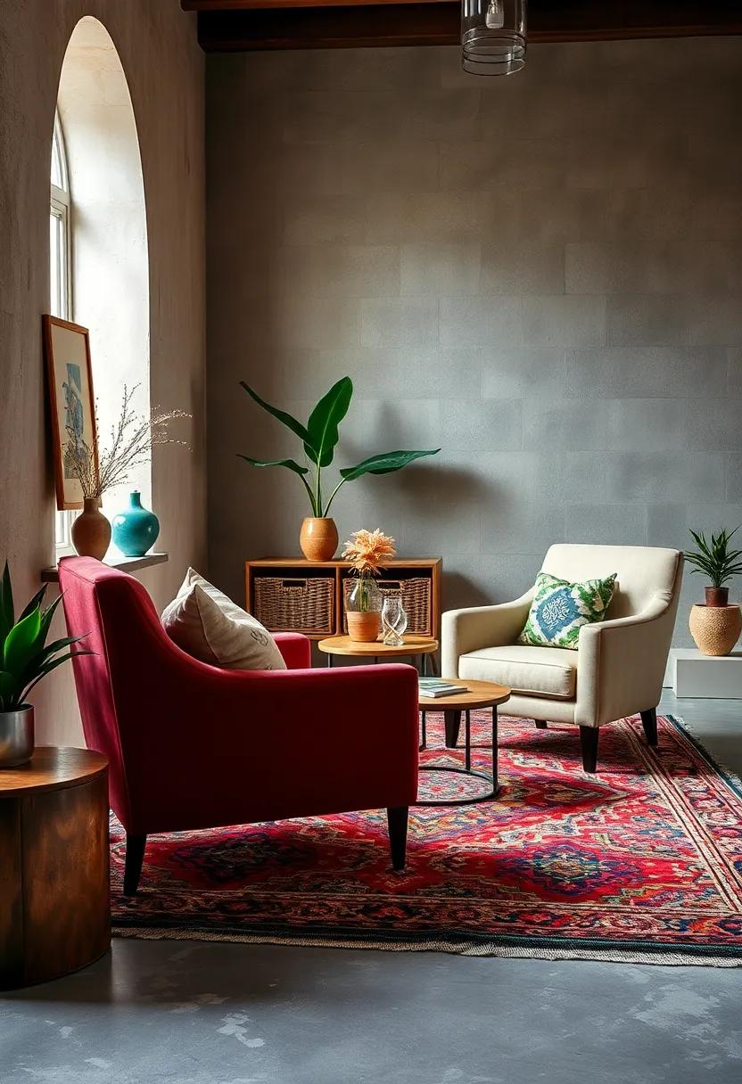 Statement Chairs Resting on Colorful Vintage Rugs Creating Focal Points in Boho Rooms