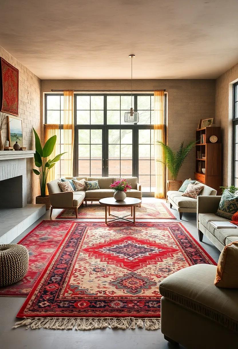 Vintage Rugs as Statement Pieces Defining Zones in Open Boho Eclectic Floor Plans