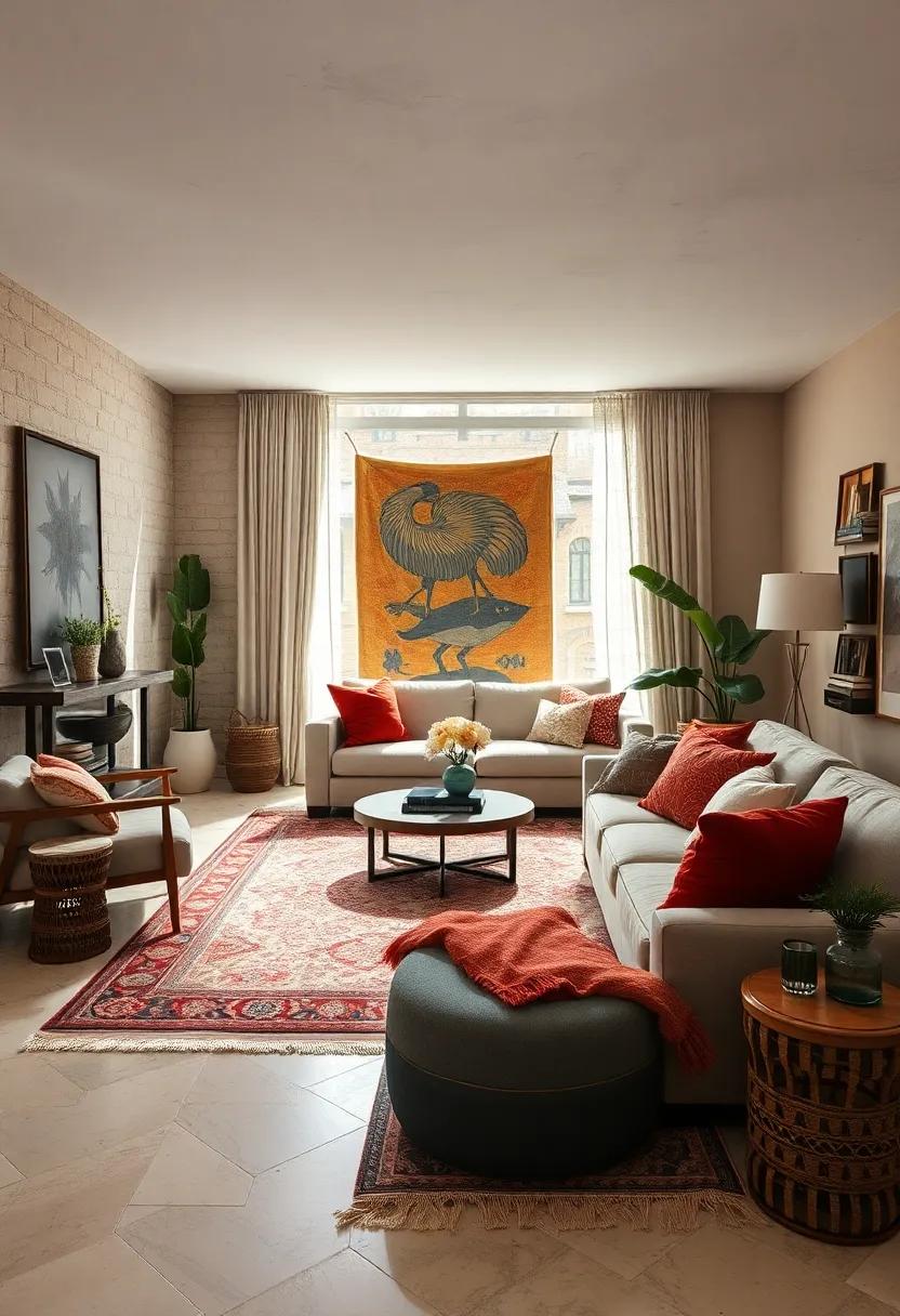 Contrast of Modern Furniture and Vintage Rugs Sculpting Artful Bohemian Living Rooms