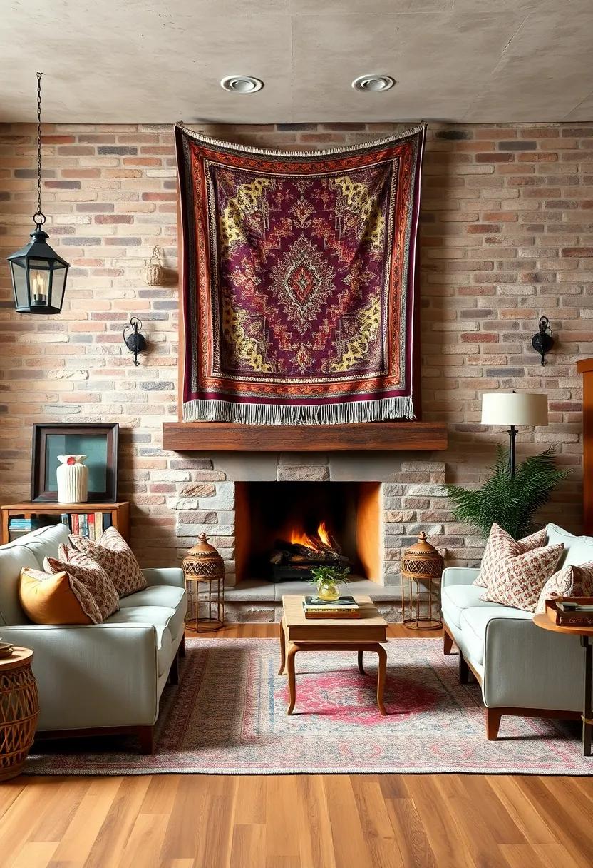 Artisanal Tapestries Draped Near a Fireplace Framed by Exposed Brick Walls and Antique Lanterns for a Rustic Feel