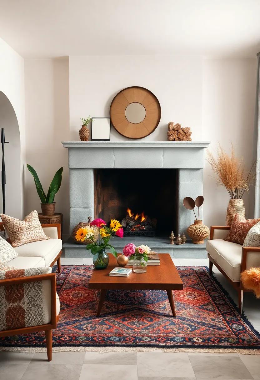 A Bohemian Inspired Fireplace Nook With a Vintage Kilim Rug and Low Wooden Coffee Table Accented by Fresh Flowers