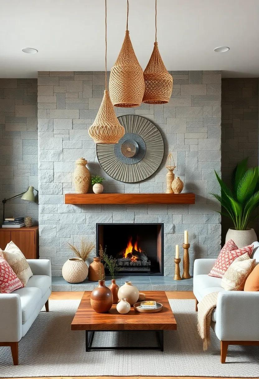 Boho-Chic Woven Pendants Hanging Low Over a Fireplace Mantel Dressed in Ceramics and Tribal Artifacts