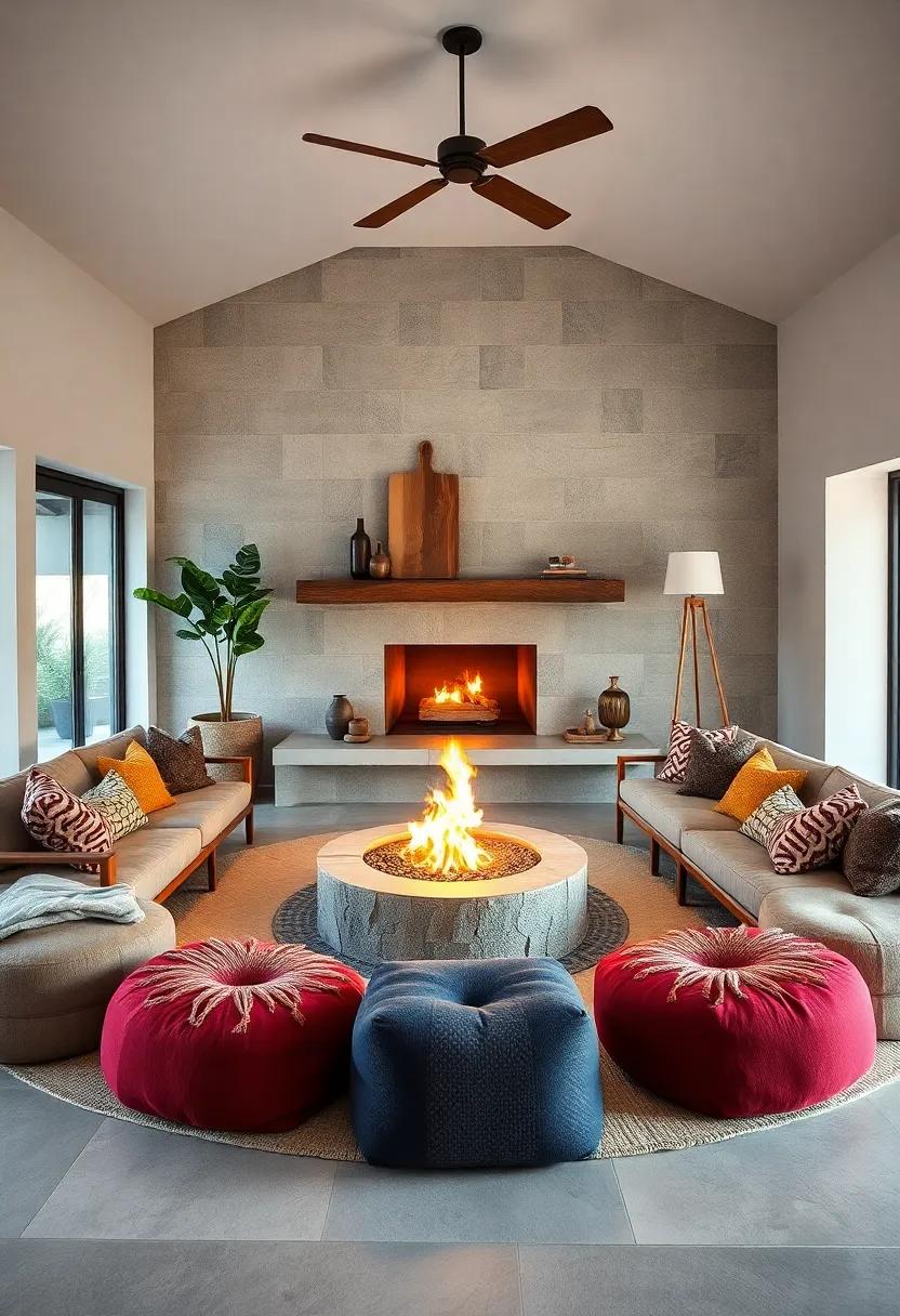 A Circular Seating Space Created With Mid-Century Modern Poufs and a Firepit Fireplace as the Central Focus