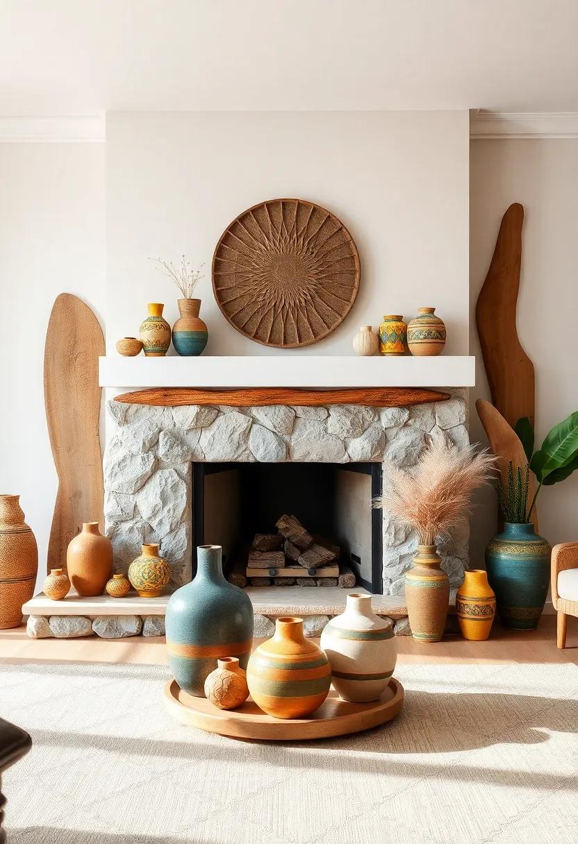 A Curated Display of Colorful Ceramic Vases and Handcrafted Pottery Flanking a Fireplace With Bohemian Flair