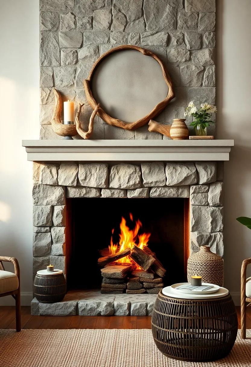 Elegant Driftwood and Antique Candle Holders Arranged Neatly on a Fireplace Mantle in a Bohemian Ambiance