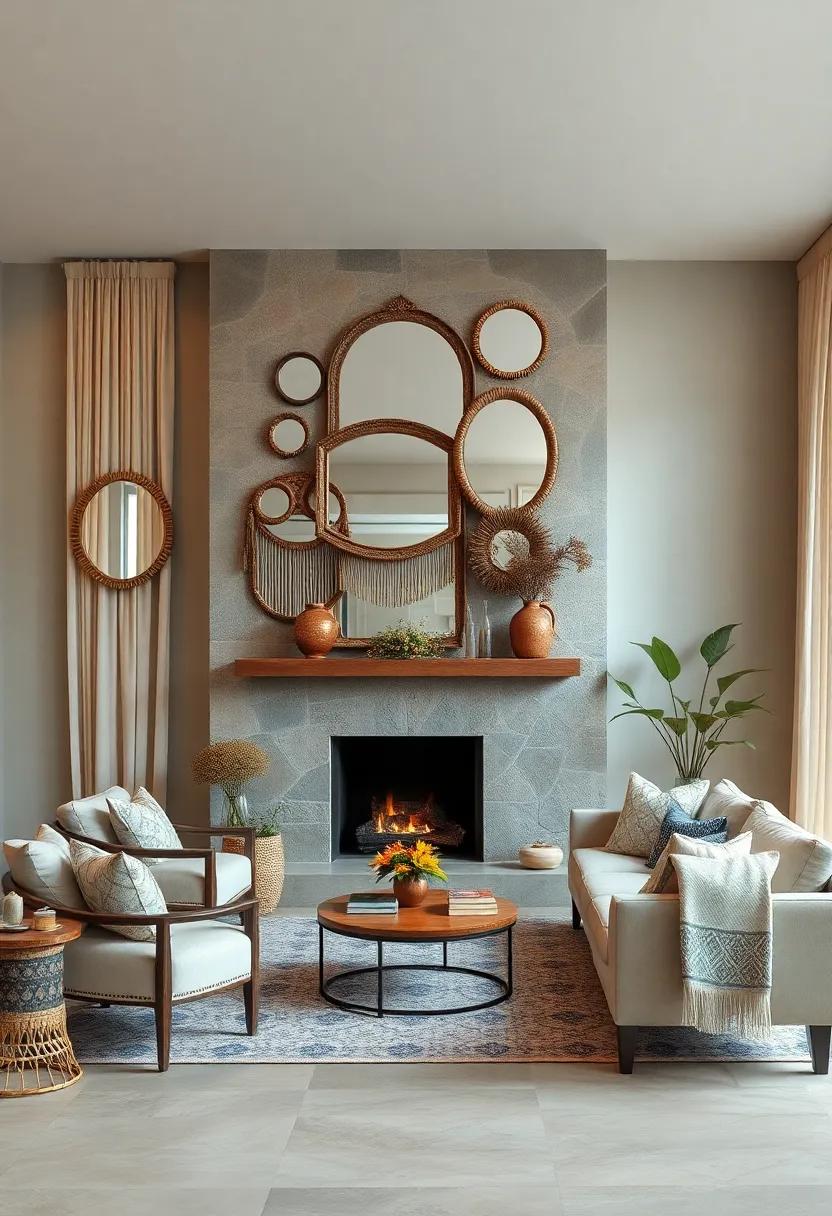 A Gallery of Vintage Mirrors and Beaded Curtains Above a Fireplace With a Cozy Seating Arrangement in Warm Neutrals