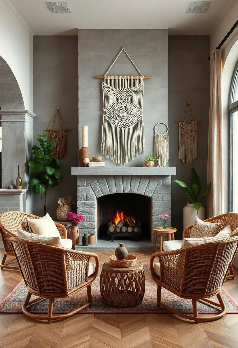 An Intimate Corner Featuring Woven Rattan Chairs and Macrame Wall Hangings Framing a Stone Fireplace