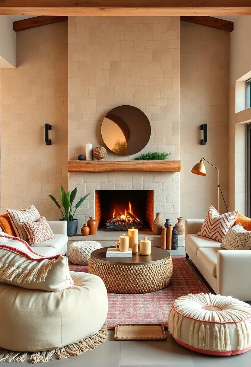 An Inviting Fireplace Lounge Area Featuring Layered Moroccan Poufs, Textured Throws, and Brass Accents
