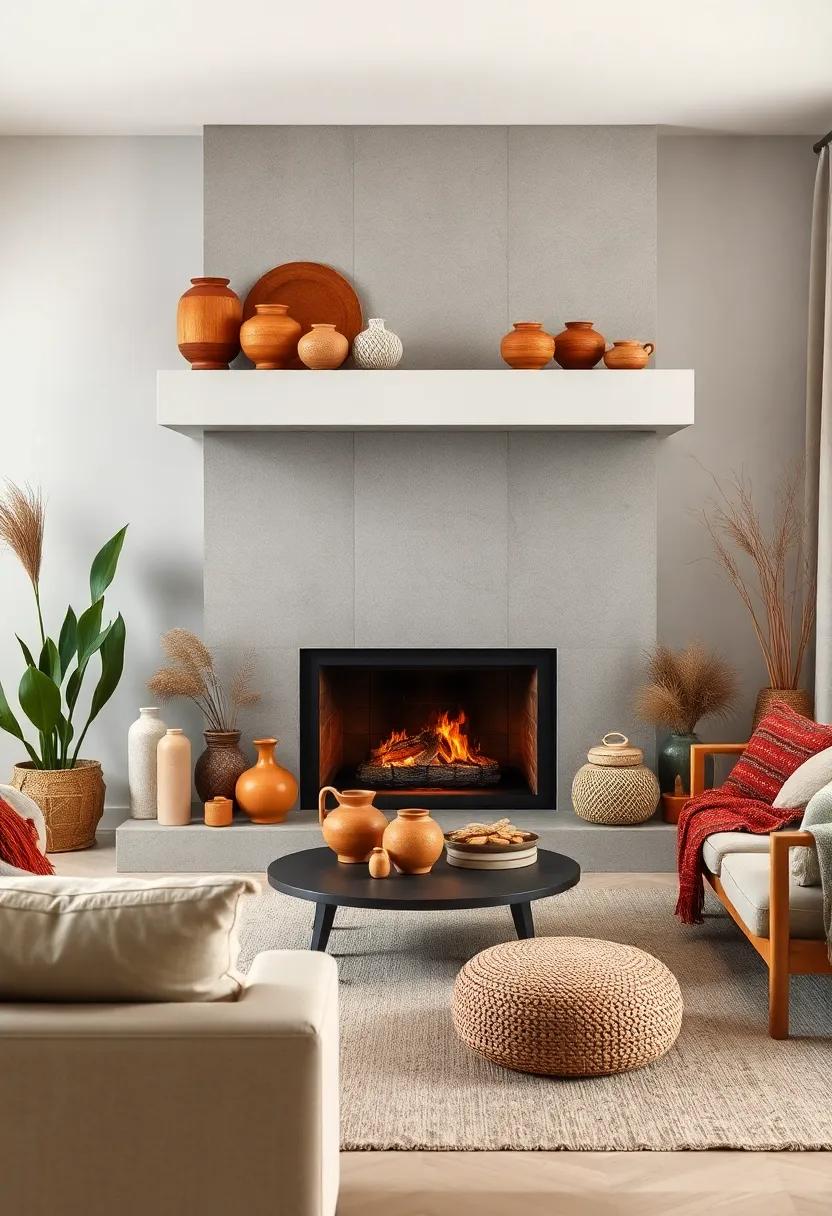 A Joyful Mix of Earth Toned Ceramics and Handwoven Textiles On and Around a Sleek Fireplace Set in Boho Style