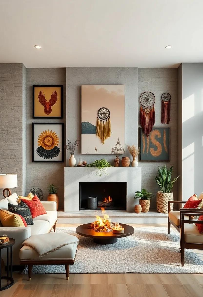A Lavish Boho Gallery Wall Adorned With Eclectic Art Pieces and Dreamcatchers Above a Minimalist Fireplace