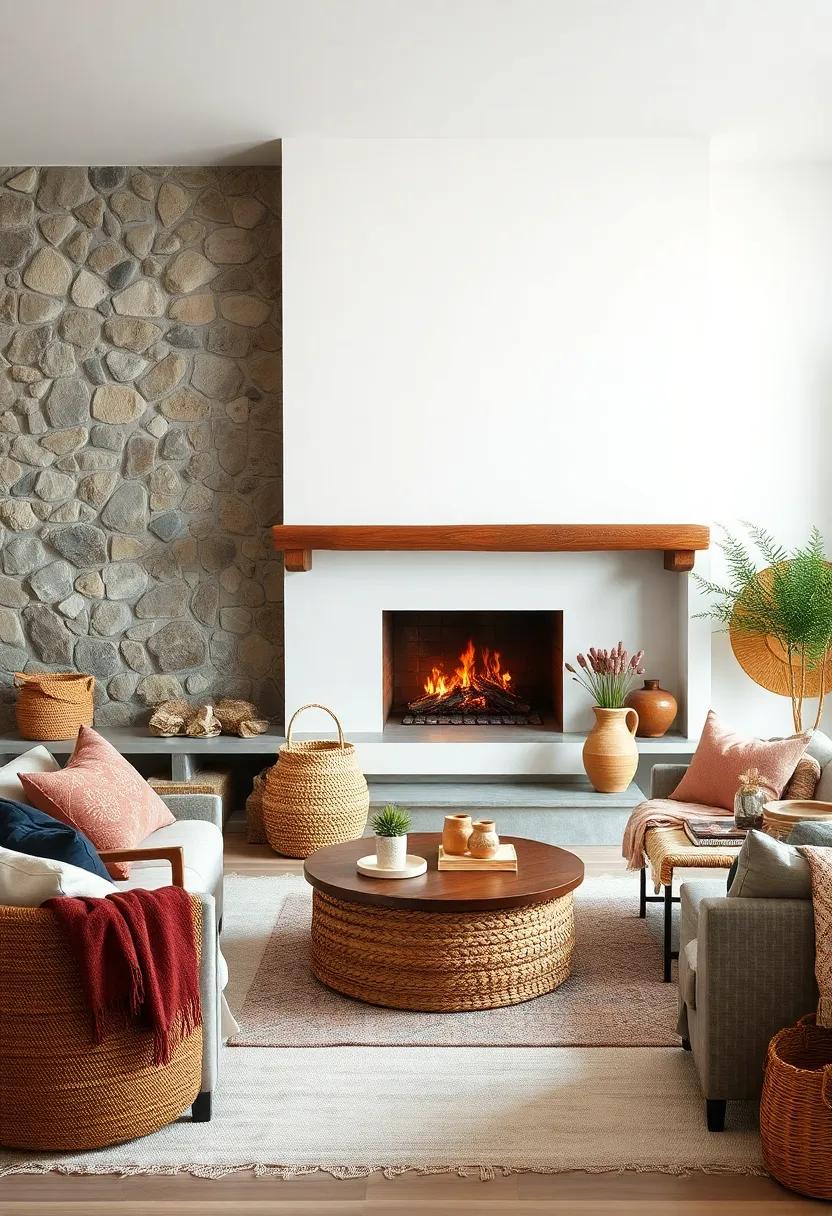 A Minimalist Fireplace Backdrop Enhanced by Layered Textiles and Artisan Woven Baskets for Texture Contrast