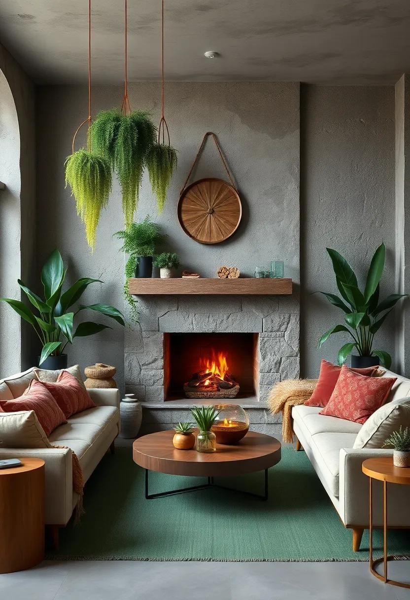 Natural Plant Elements Like Hanging Ferns and Potted Succulents Integrating Lushness Into a Fireplace Lounge