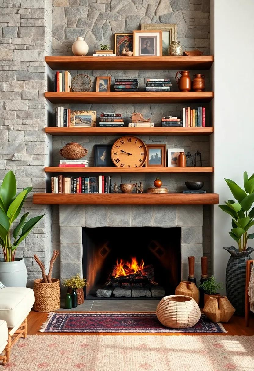 Open Shelves Loaded With Books and Trinkets Above a Cozy Fireplace Blending Rustic and Boho Eclectic Styles