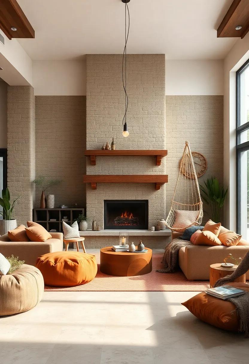 Rustic Suede Poufs and a Macrame Hanging Chair Form a Relaxed Living Space Around a Large Central Fireplace