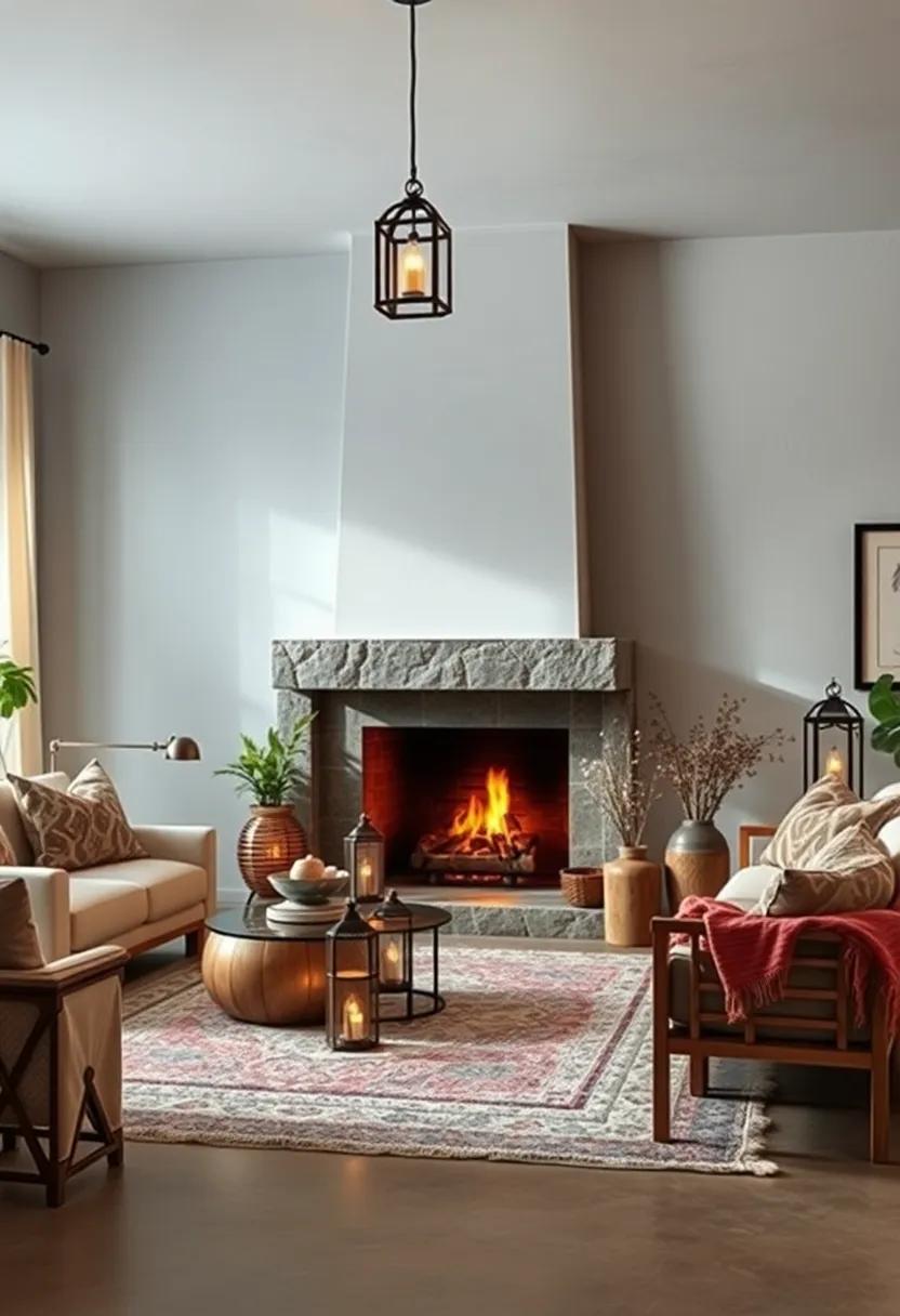 Soft Ambient Lighting With Vintage Moroccan Lanterns Casting Shadows Around a Cozy Fireplace Setting