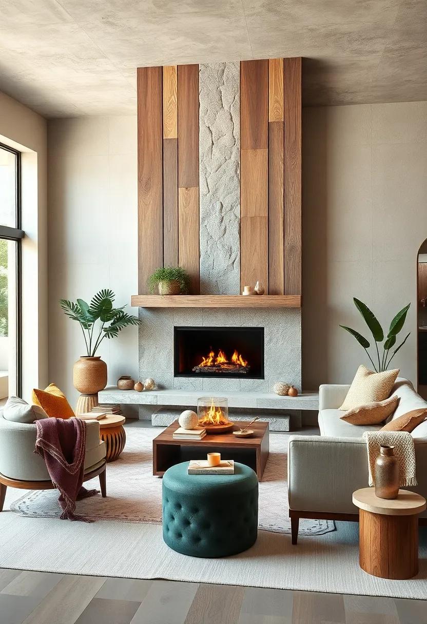 Soft Pastel Tones Combined With Raw Wood Surround a Minimal Fireplace Creating a Calm Boho Escape