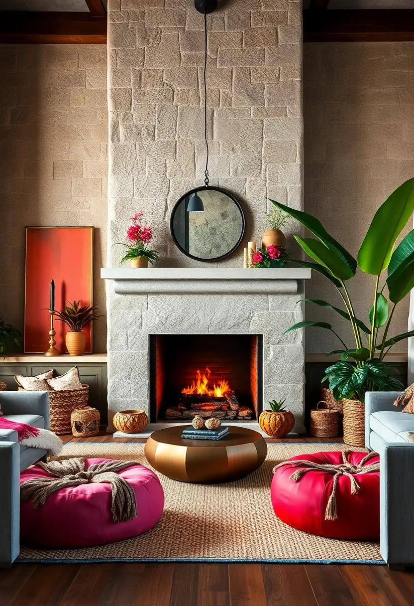 A Stylish Fireplace Focal Point Flanked by Colorful Moroccan Leather Poufs and Exotic Plant Life in a Boho Living Room