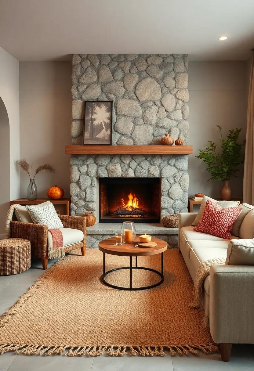 A Textural Combination of Jute Rugs and Chunky Knit Throws Enhancing the Warmth of a Stone Fireplace Corner
