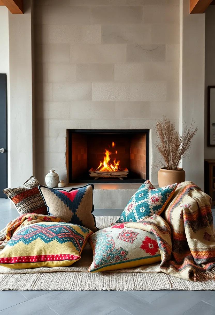Vibrant Patterned Throw Pillows and Patchwork Blankets Draped Over a Low Seating Area Near a Wood-Burning Fireplace