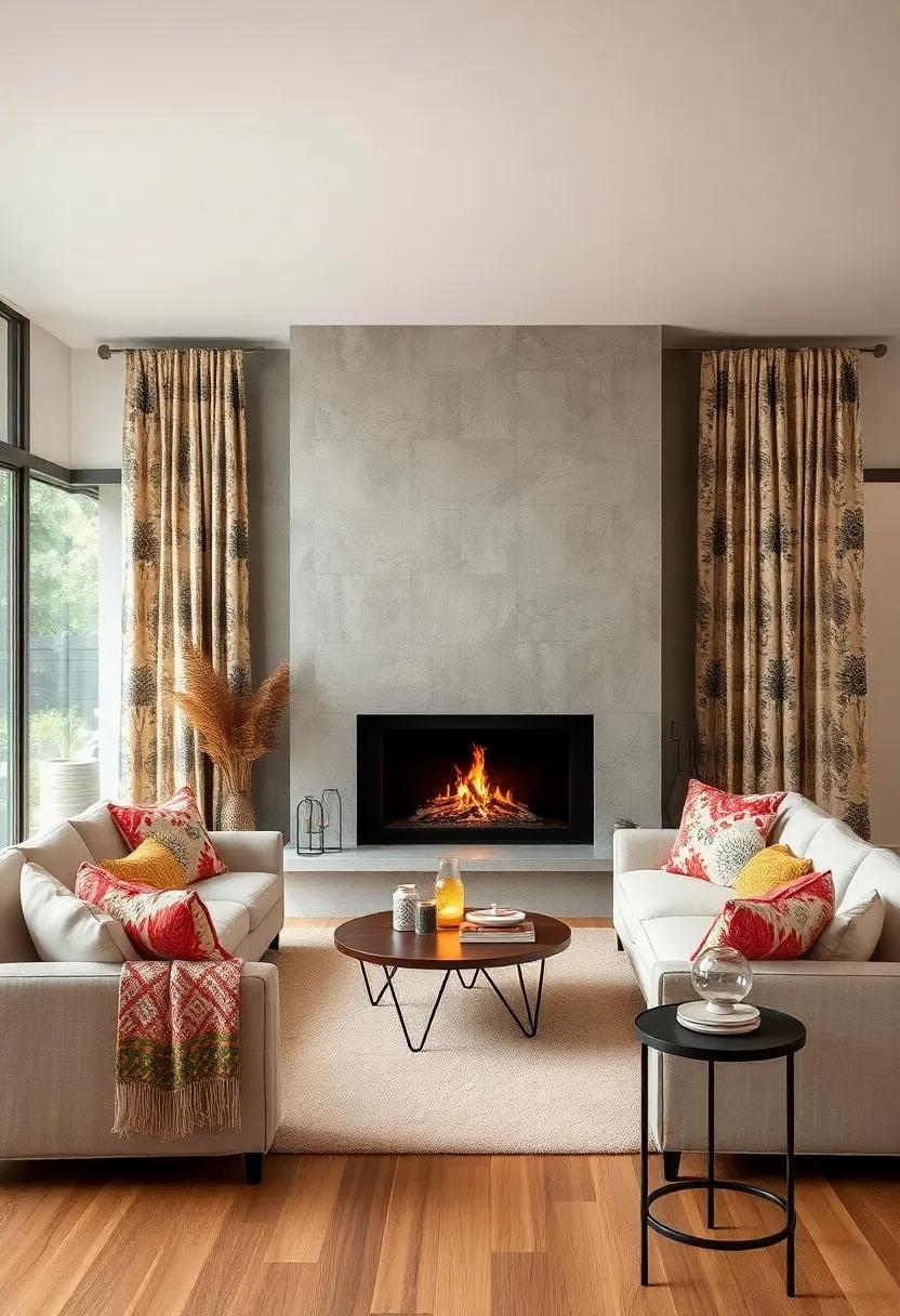A Vibrant Mix of Boho Print Curtains and Neutral Linen Sofas Centered Around a Sleek, Modern Fireplace