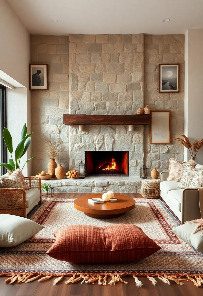 Warm Earthy Tones and Textures Surrounding a Rustic Fireplace With Layered Bohemian Rugs and Plush Floor Cushions