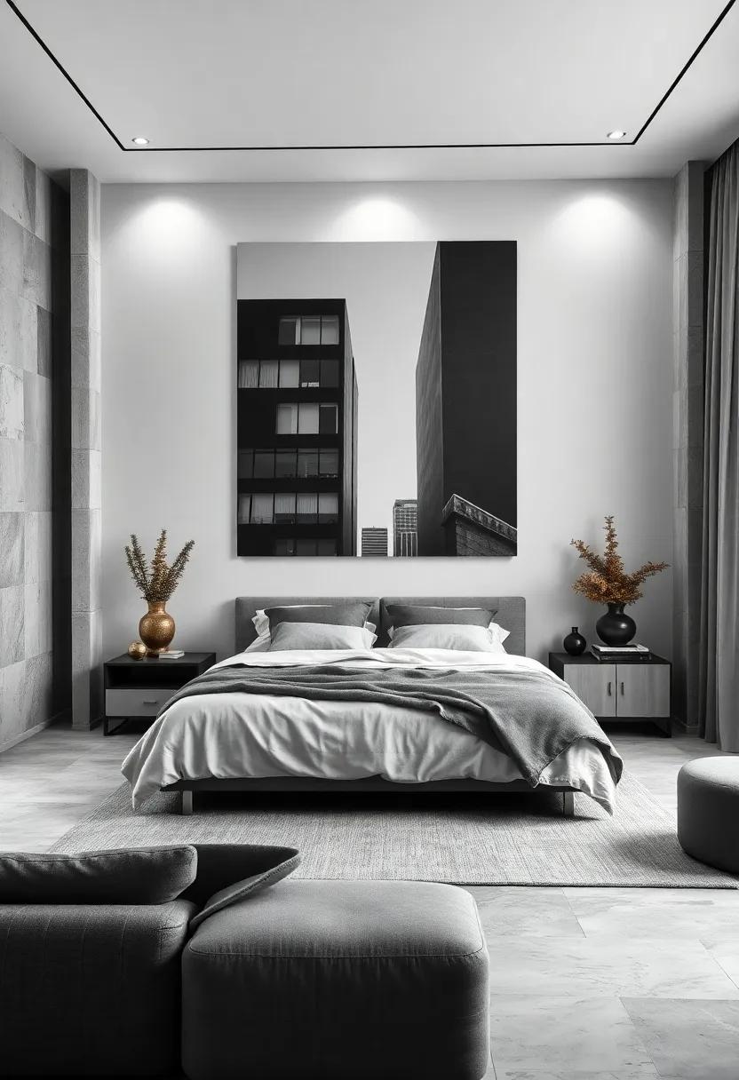 Soft Grayscale Layers Enhanced by a Giant Photographic Print of Urban Architecture in a Monochrome Sanctuary