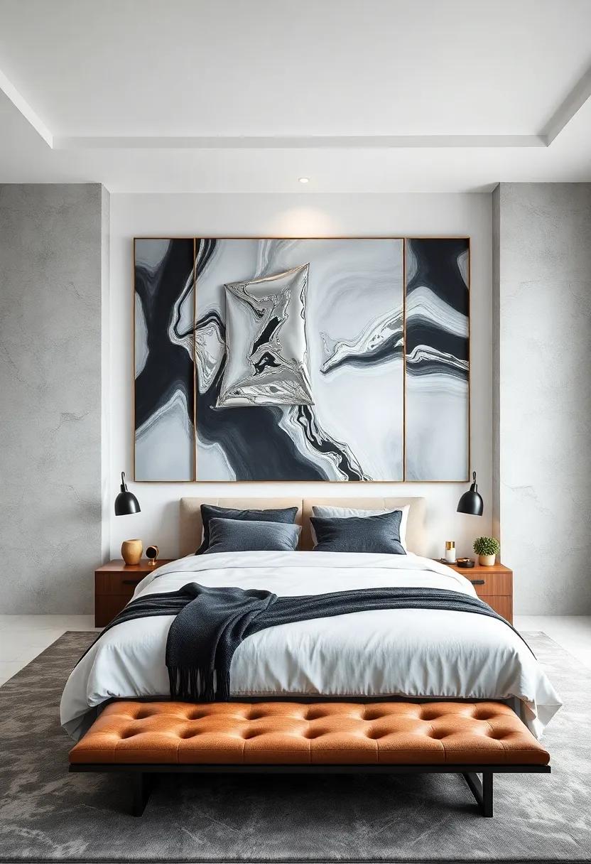 Luxurious Matte Walls Opposed by a Gleaming Oversized Metallic Monochrome Sculpture Framing the Sleeping Space