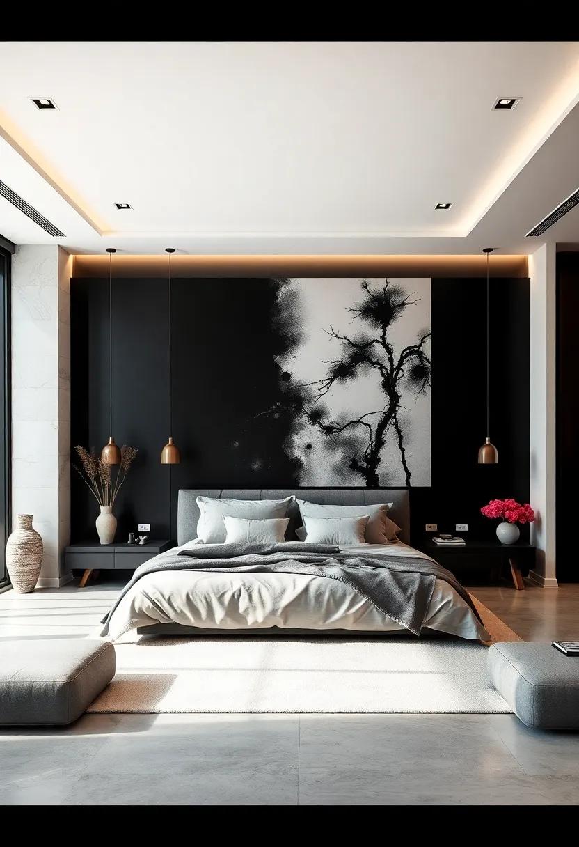 Soft Neutrals Contrasted by a Massive Surrealist Ink Painting Elevating a Quiet and Introspective Bedroom Ambiance