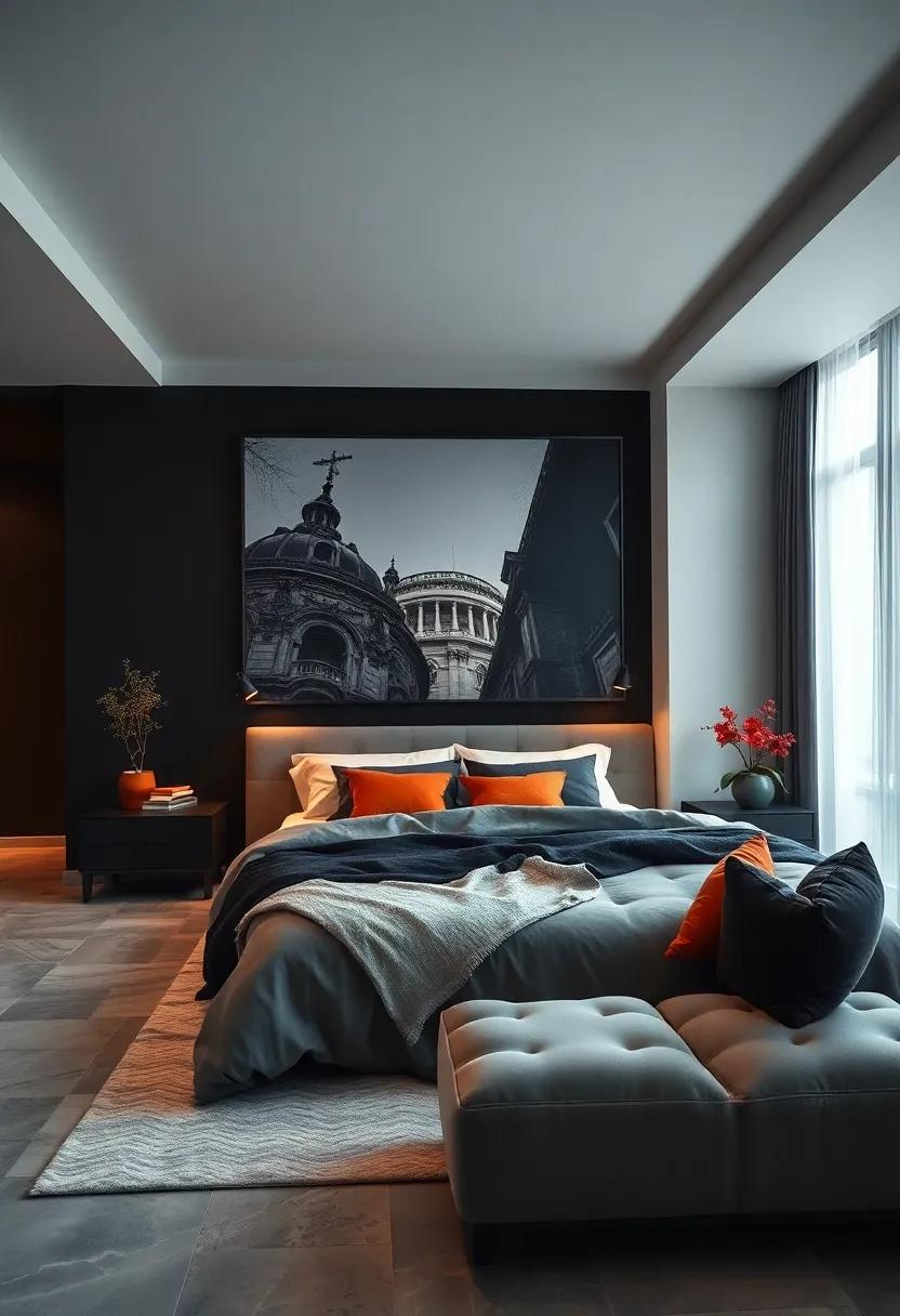 Deep Black Accent Wall Featuring a Huge Monochrome Painting of Architectural Details to Ink the Bedroom with Elegance