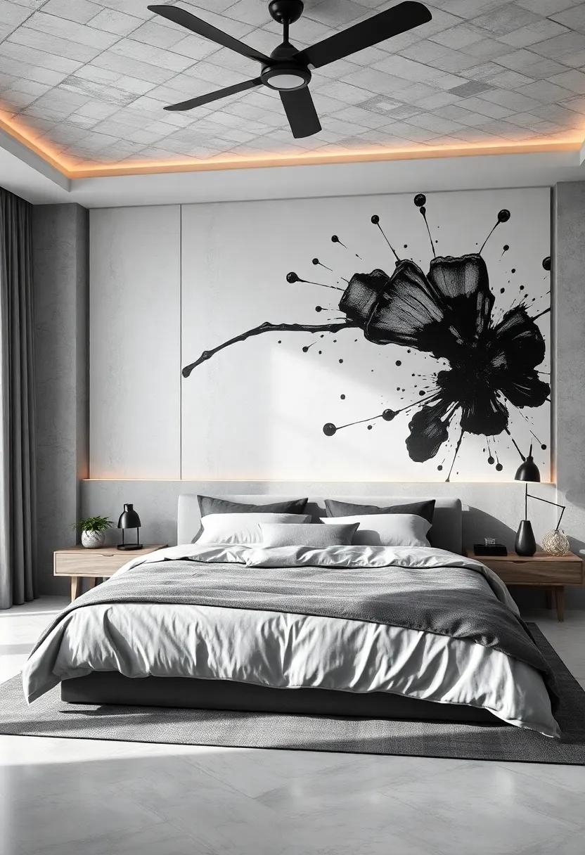 Muted Greys and Blacks Detailed by a Huge Ink Splash Illustration Lending an Artistic Edge to the Bedroom Space