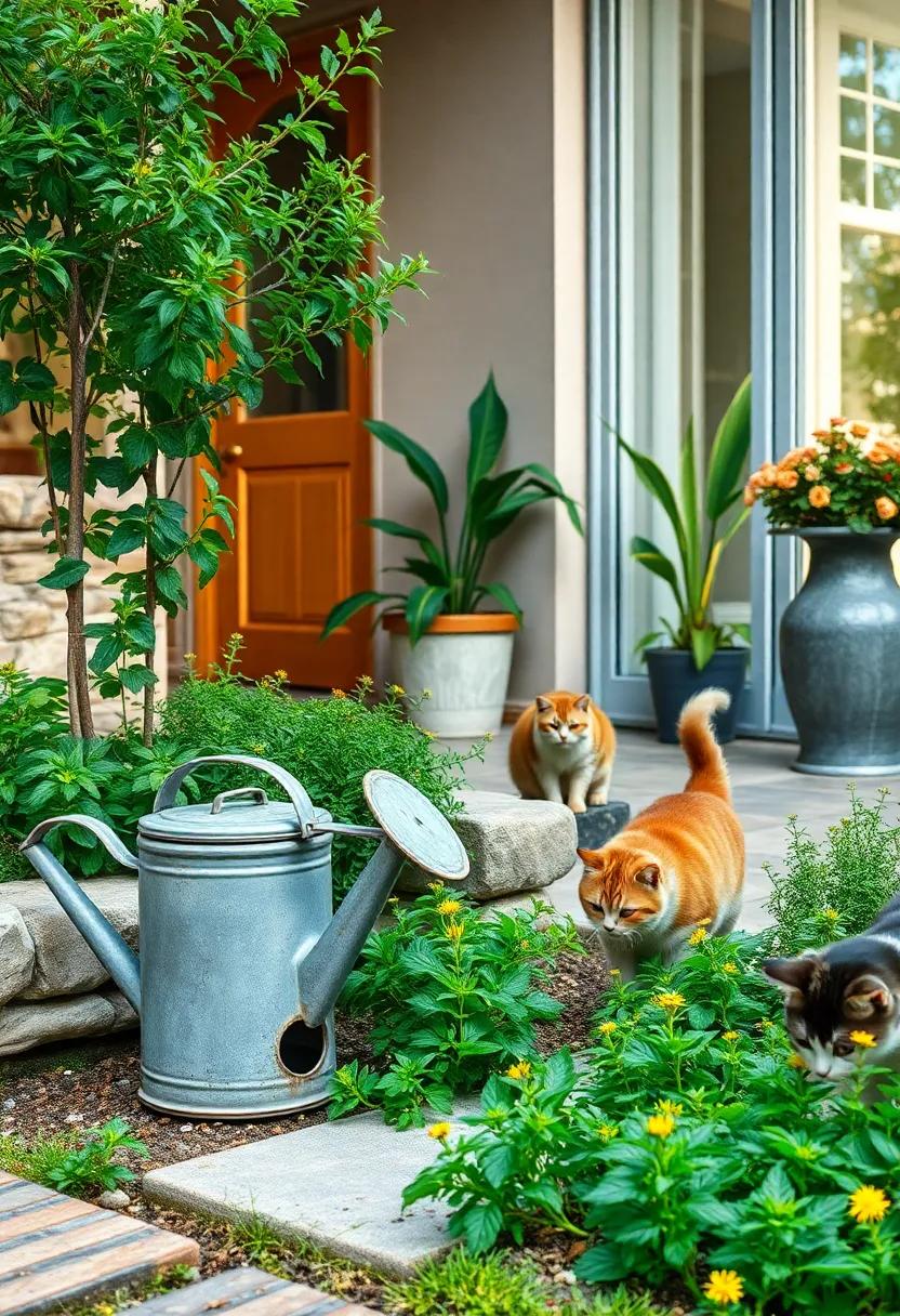 A Vintage Metal Watering Can Next to Thriving Catnip Beds and Curious Cats Sniffing Around