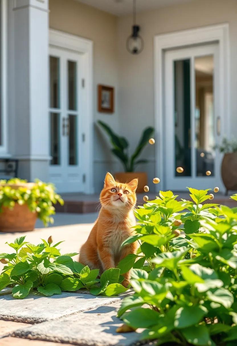 Sun-Dappled Spots of Light Playing on Catnip Leaves While Cats Bat Playfully at Floating Seeds