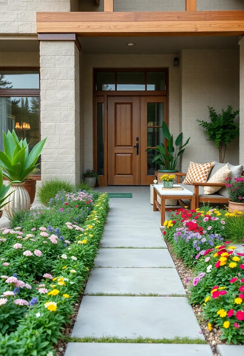 A Bright and Cheerful Front Yard Showcasing Rows of Catnip Plants Intertwined with Colorful Annuals