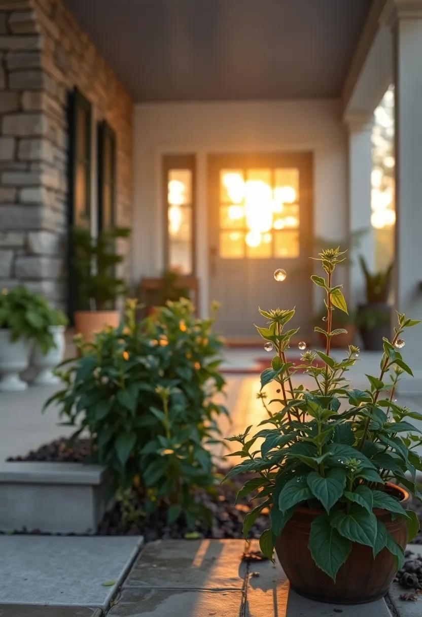 Sunlit Catnip Leaves with Dew Drops Glimmering in the Early Sunrise of a Quiet Front Porch