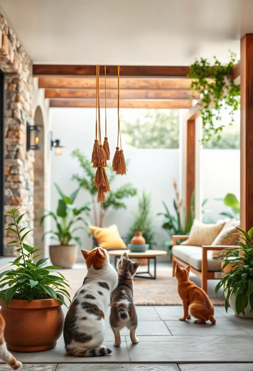 Cats Engaging Playfully with Hanging Catnip Bundles Suspended from a Pergola in the Front Yard
