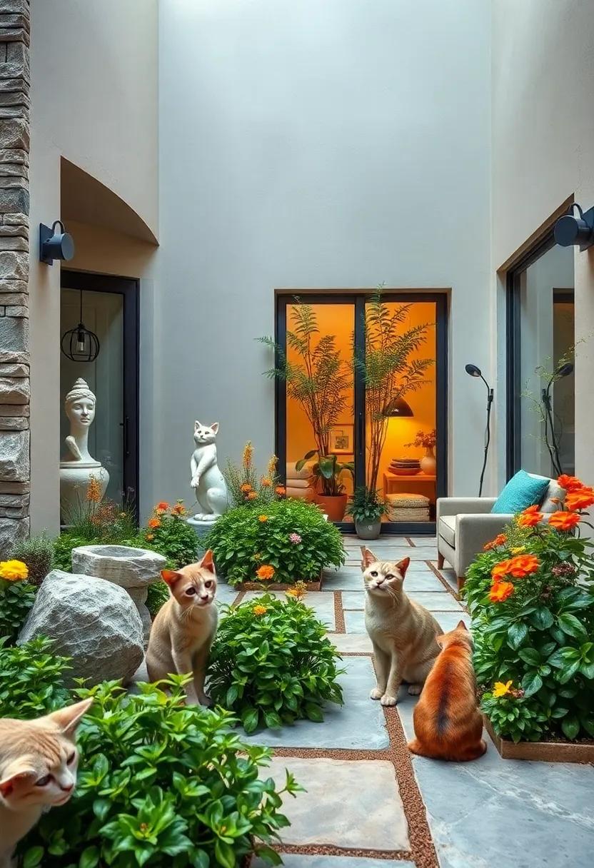 Creative Garden Sculptures Blending Seamlessly with Abundant Catnip Foliage and Cats' Playfulness