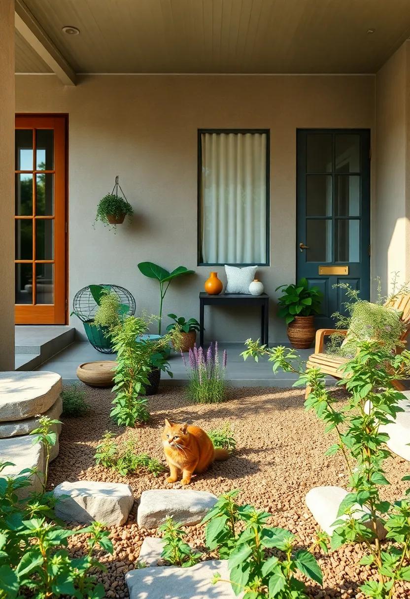 A Whimsical Cat Playground Surrounded by Flourishing Catnip Plants in Morning Light